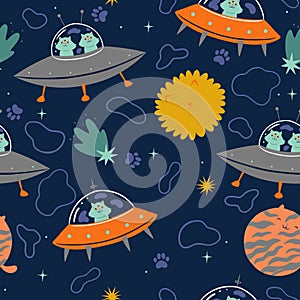 Seamless pattern with alien cats. Vector graphics