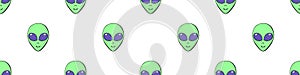 Seamless pattern with Aliens green heads in doodle flat style. Humanoids, visitors, Martians. Vector illustration