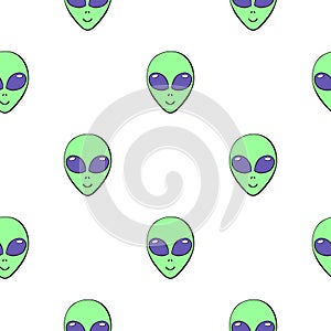 Seamless pattern with Aliens green heads in doodle flat style. Humanoids, visitors, Martians. Vector illustration