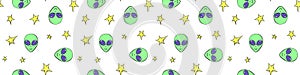 Seamless pattern with Aliens green heads, stars in doodle flat style. Humanoids, visitors, Martians. Vector illustration