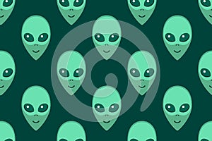 Seamless pattern with Aliens green heads. UFO, Humanoids endless backdrop isolated. Smiling visitors, Martians. Vector