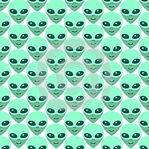 Seamless pattern with Aliens green heads. UFO, Humanoids endless backdrop isolated. Smiling visitors, Martians. Vector