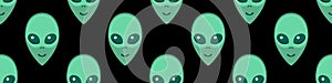 Seamless pattern with Aliens green heads. UFO, Humanoids endless backdrop isolated. Smiling visitors, Martians. Vector