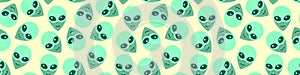 Seamless pattern with Aliens green heads. UFO, Humanoids endless backdrop isolated. Smiling visitors, Martians. Vector