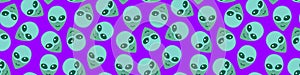 Seamless pattern with Aliens green heads. UFO, Humanoids endless backdrop isolated. Smiling visitors, Martians. Vector