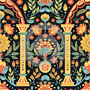 A seamless pattern alive with golden yellow columns and a variety of stylized flowers, set against a dark backdrop for