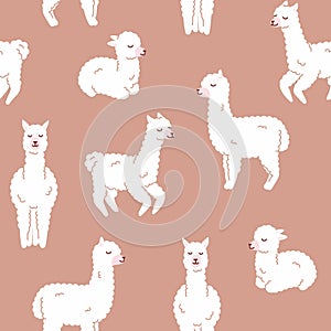 Seamless Pattern. Alpaca llama sleep, standing and jumping