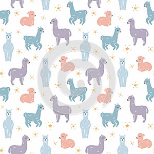 Seamless Pattern. Alpaca llama sleep, standing and jumping. Star in the sky