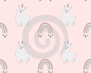 Seamless pattern with alpaca (llama), stars and rainbows. Cartoon design animal character flat vector style.