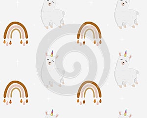 Seamless pattern with alpaca (llama), stars and rainbows. Cartoon design animal character flat vector style.