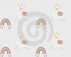 Seamless pattern with alpaca (llama), stars and rainbows. Cartoon design animal character flat vector style.