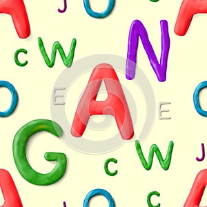 Seamless pattern with alphabet. Handmade modeling clay letters. Realistic 3d vector lettering background.