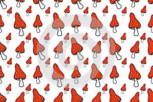 Seamless pattern of Amanita mushroom sketch. Hand-drawn Doodle Vector illustration