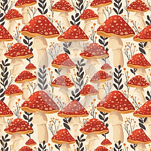 Seamless pattern with amanita mushrooms.