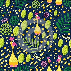 Seamless pattern amazing birds, flowers, leaves and branches, deep blue background. Botanical style. Suitable for textiles, furnit