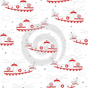 Seamless pattern with ambulance helicopter, medical rescue team