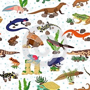 Seamless pattern with amphibians. Frogs and aquatic tritons. Terrarium creatures. Tropical fauna. Repeated print. Wild