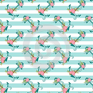 Seamless pattern with anchors and flowers.
