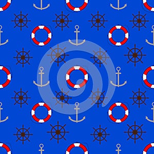 Seamless pattern with anchors  lifebuoys and steering wheels
