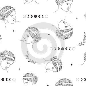 Seamless pattern with ancient greek sculptures. Linear head of Aphrodite. Goddess antique statue. Trendy vector