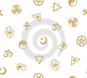 Seamless pattern with ancient sacral symbols. Egyptian, hermetic, religious and magic symbols.