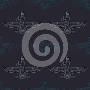 Seamless pattern with ancient sumerian symbol Faravahar