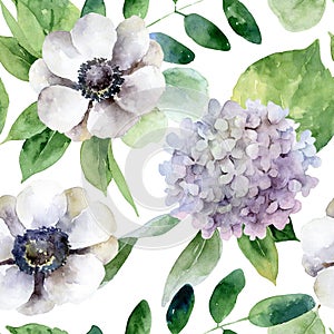 Seamless pattern with anemones and hydrangea