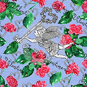 Seamless pattern with angel holding key, text and flowers on blue texture