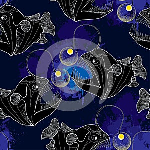 Seamless pattern with Angler fish or monkfish and blue blots