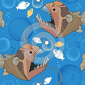 Seamless pattern with Angler fish or monkfish and bubbles