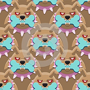 Seamless pattern of an angry dog holding a bone in its teeth on a brown background. Vector image