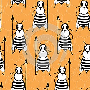 Seamless pattern with angry killer bees on the orange background. Soldier bee with pike. Killer bees army.