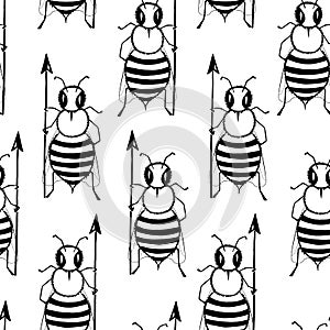 Seamless pattern with angry killer bees. Soldier bee with pike. Killer bees army.