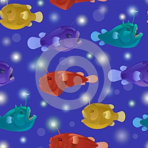 Seamless pattern with angry toothy anglers with lanterns bait. Vector cartoon detailed illustration of anglerfish.