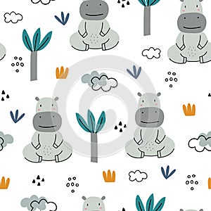 Seamless pattern animal cartoon background There are hippos and trees hand-drawn in children`s style.