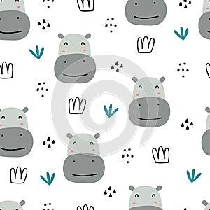 Seamless pattern animal cartoon background There`s a hippo`s face and a clump of grass. Hand-drawn in children style
