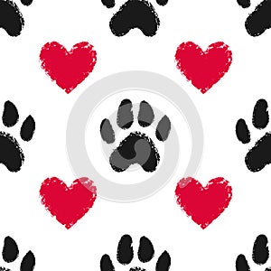 Seamless pattern with animal paw prints and hearts. Dog or cat hand drawn paw print.