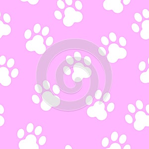 Seamless pattern with animal paw prints silhouette. Light blue and white. Cute and funny. Cartoon style. Cats and dogs. Pet shop.