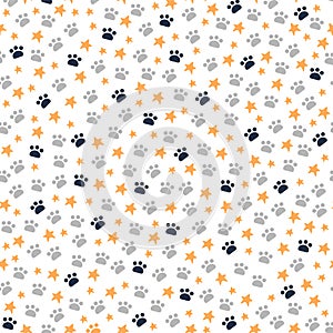 Seamless pattern with animal paws trace and stars isolated on white background.