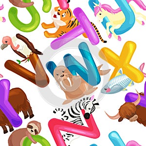 Seamless pattern animals alphabet for kids abc education in preschool.