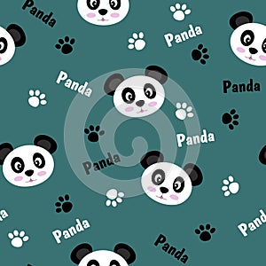 Seamless pattern with animals. Cute black and white pandas, footprints. Vector flat design