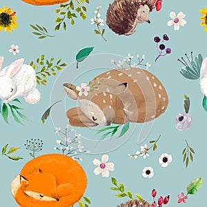 Seamless pattern with animals with flowers