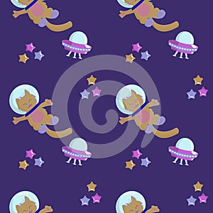 Seamless pattern Animals in open space. Cute cat astronaut, ufo and stars. Characters exploring universe galaxy. Cartoon