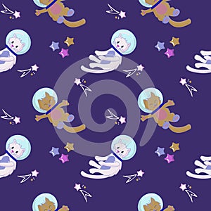 Seamless pattern Animals in open space. Cute cat astronauts comet and stars. Characters exploring universe galaxy