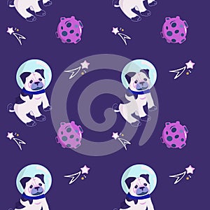 Seamless pattern Animals in space. Cute pug astronaut planet and comet. Characters exploring universe galaxy. Cartoon
