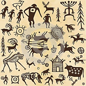 Seamless pattern. Animation image of ancient rock paintings.