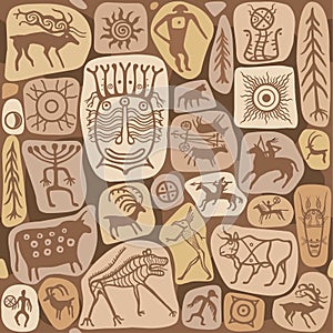 Seamless pattern - Animation image of ancient rock paintings. Drawing on a stone.