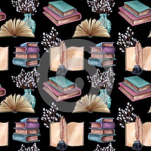 Seamless pattern with antique objects. Old and rare books together with artifacts