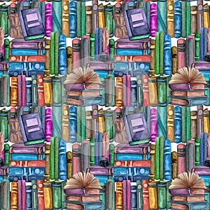 Seamless pattern with antique objects. Old and rare books together with artifacts