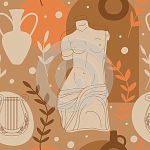 Seamless pattern with antique sculpture of Aphrodite, abstract terracotta shape, plants, sun, lira and olive branch.